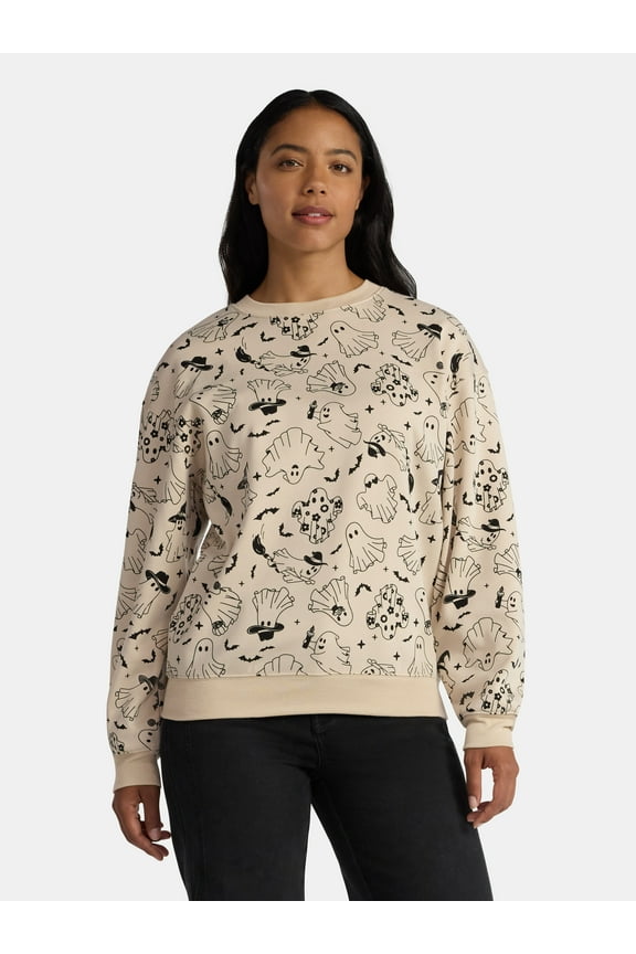 Halloween Women's Happy Ghost Graphic Print Sweatshirt with Long Sleeves, Sizes XXS-XXL