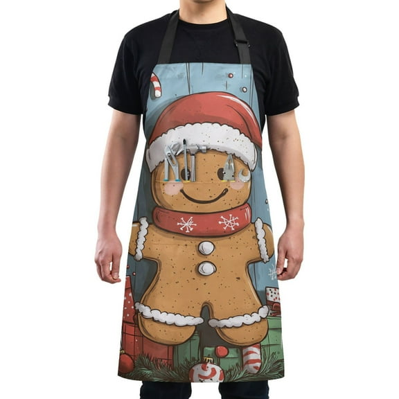 Happy Gingerbread Man Chef Kitchen Apron with Pockets for Women Waterproof Aprons for Cooking Baking