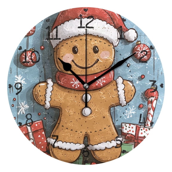 Happy Gingerbread Man Round Wall Clock Silent Battery Operated Home Decor for Living Room Bedroom