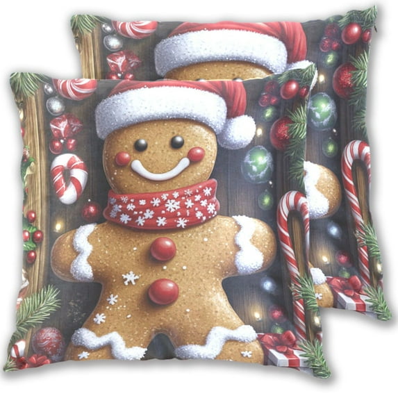 Happy Gingerbread Man Throw Pillow Covers 16x16 Inch 2 Packs Decorative Square for Living Room Couch Bed Sofa