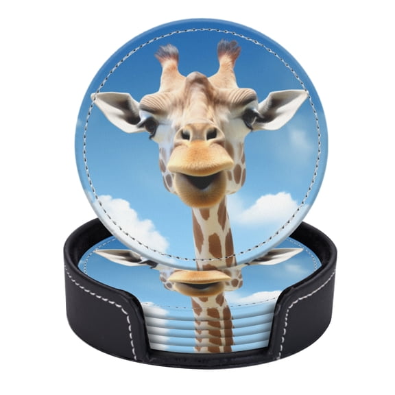 PU Leather Coasters for Drinks Bar Beer,Set of 6 with Holder,Round Housewarming Gift,Happy Giraffe Face Against Blue Sky Background With Clouds