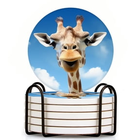 Happy Giraffe Face Against Blue Sky Background With Clouds Set of 6 Ceramic Coasters with Holder, Absorbent Drink Bar Coasters, Table Coasters for Living Room Decor Tabletop Protection