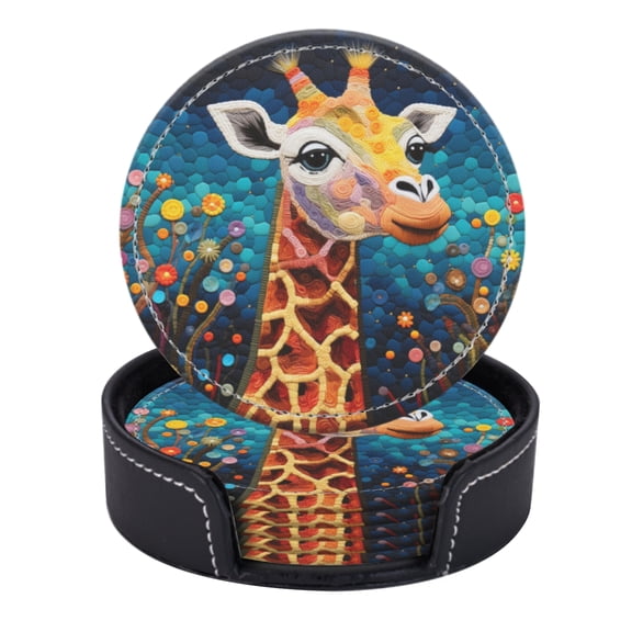 PU Leather Coasters for Drinks Bar Beer,Set of 6 with Holder,Round Housewarming Gift,Happy Giraffe With Colorful Background