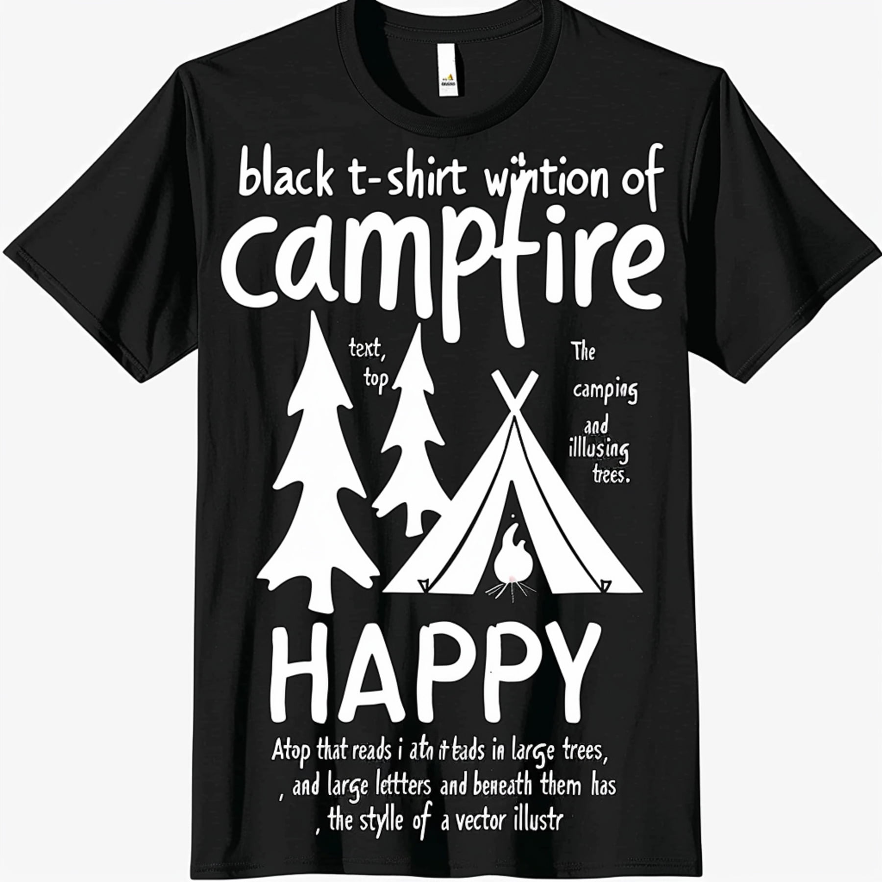 Happy Girl Black TShirt with Camping Tent Campfire and Pine Trees ...