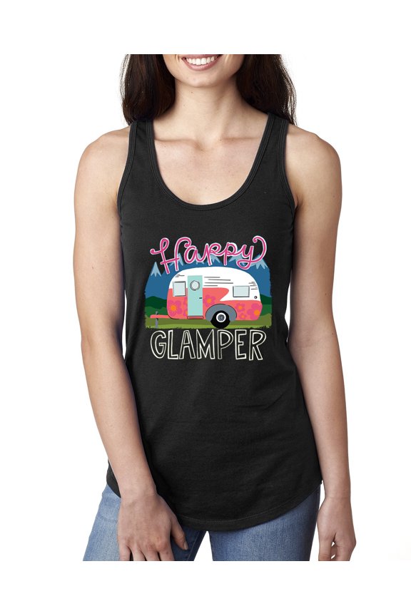 Happy Glamper | Fancy Camping Camper Van Caravan | Nature Lover Ladies Racerback Sleeveless Top, Black, M