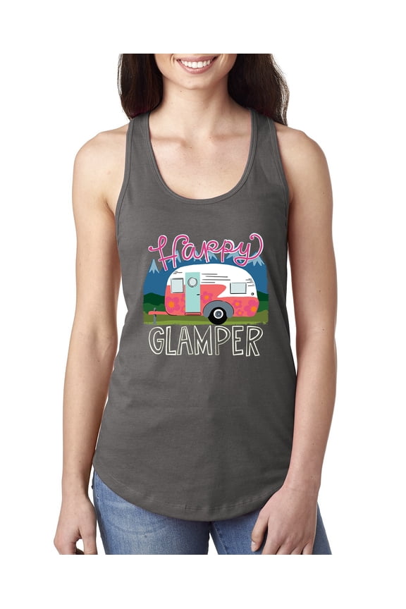 Happy Glamper | Fancy Camping Camper Van Caravan | Nature Lover Ladies Racerback Sleeveless Top, Dark Grey, S