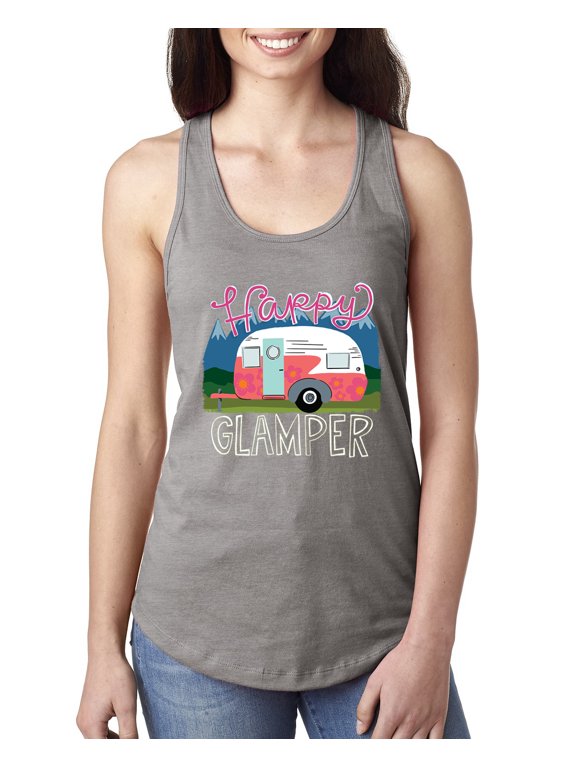 Happy Glamper | Fancy Camping Camper Van Caravan | Nature Lover Ladies Racerback Sleeveless Top, Heather Grey, M