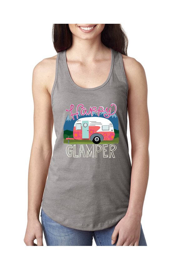 Happy Glamper | Fancy Camping Camper Van Caravan | Nature Lover Ladies Racerback Sleeveless Top, Heather Grey, XL