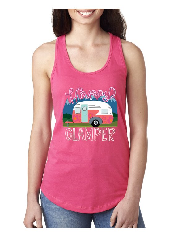 Happy Glamper | Fancy Camping Camper Van Caravan | Nature Lover Ladies Racerback Sleeveless Top, Hot Pink, S