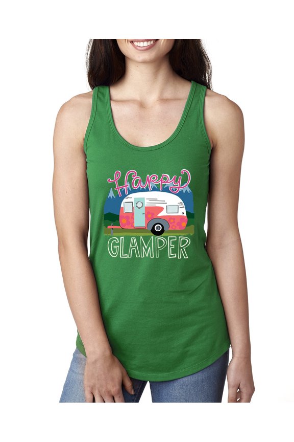 Happy Glamper | Fancy Camping Camper Van Caravan | Nature Lover Ladies Racerback Sleeveless Top, Kelly, M