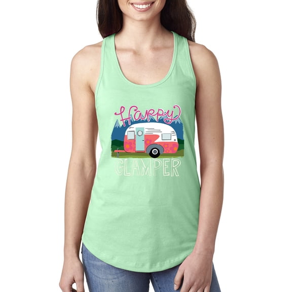 Happy Glamper | Fancy Camping Camper Van Caravan | Nature Lover Ladies Racerback Sleeveless Top, Mint, L