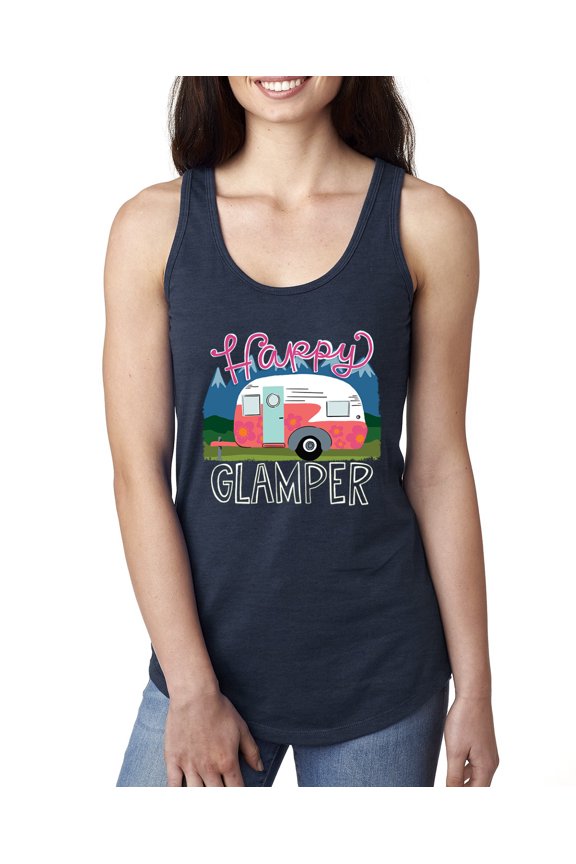 Happy Glamper | Fancy Camping Camper Van Caravan | Nature Lover Ladies Racerback Sleeveless Top, Navy, XL