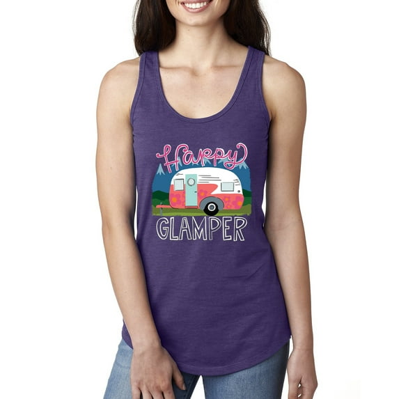Happy Glamper | Fancy Camping Camper Van Caravan | Nature Lover Ladies Racerback Sleeveless Top, Purple Rush, M