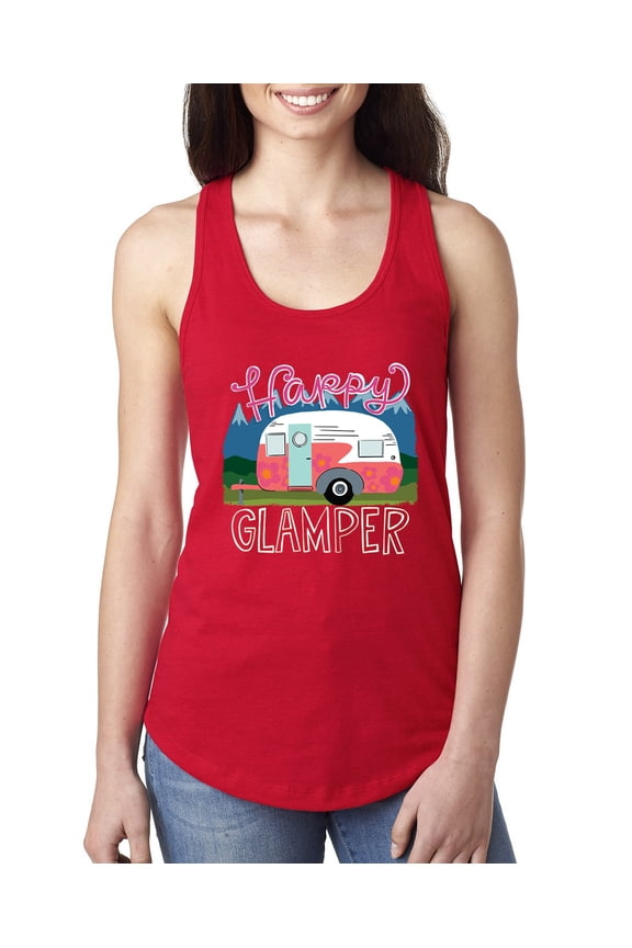 Happy Glamper | Fancy Camping Camper Van Caravan | Nature Lover Ladies Racerback Sleeveless Top, Red, M