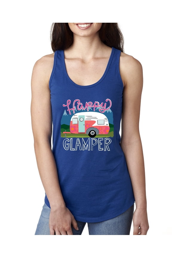 Happy Glamper | Fancy Camping Camper Van Caravan | Nature Lover Ladies Racerback Sleeveless Top, Royal, L