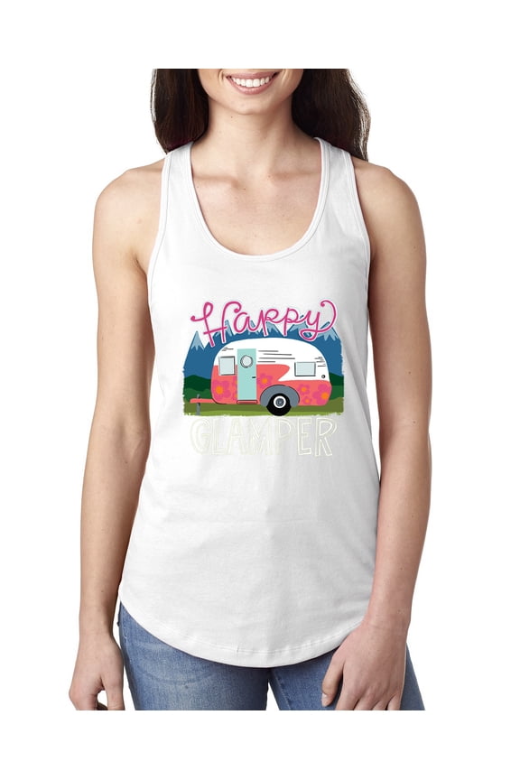 Happy Glamper | Fancy Camping Camper Van Caravan | Nature Lover Ladies Racerback Sleeveless Top, White, M