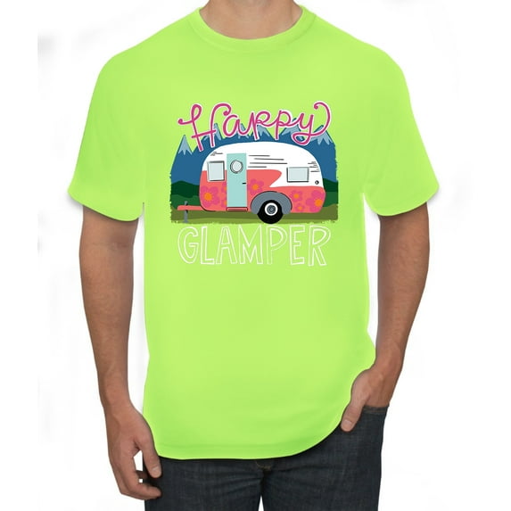 Happy Glamper | Fancy Camping Camper Van Caravan | Nature Lover Men's T-Shirt, Safety Green, 5XL