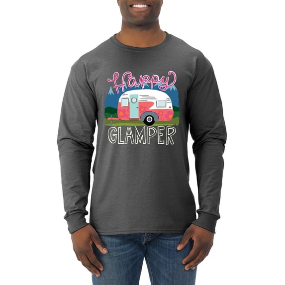 Happy Glamper | Fancy Camping Camper Van Caravan | Nature Lover Mens Long Sleeve Shirt, Heather Black, L