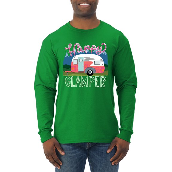 Happy Glamper | Fancy Camping Camper Van Caravan | Nature Lover Mens Long Sleeve Shirt, Kelly, XL