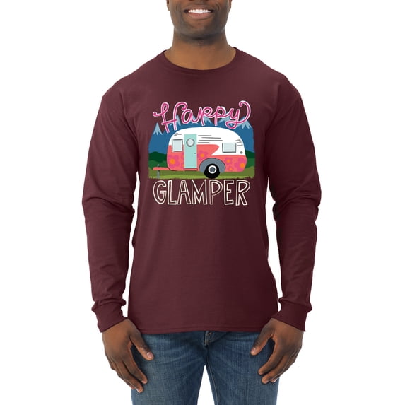 Happy Glamper | Fancy Camping Camper Van Caravan | Nature Lover Mens Long Sleeve Shirt, Maroon, 3XL
