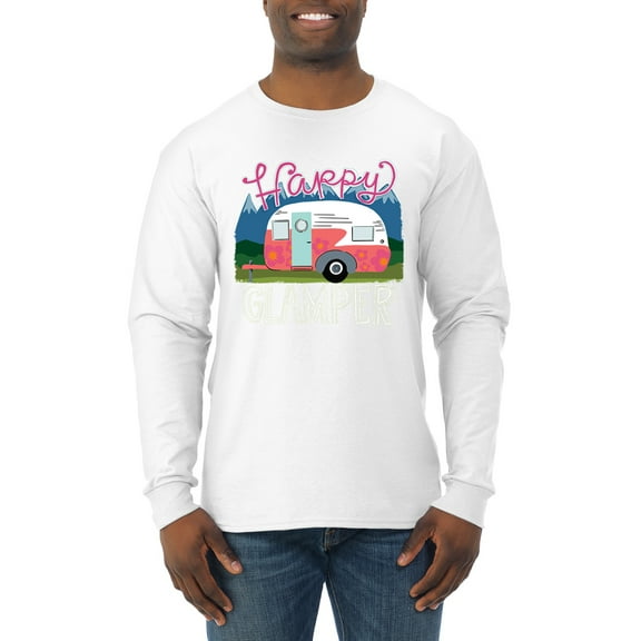 Happy Glamper | Fancy Camping Camper Van Caravan | Nature Lover Mens Long Sleeve Shirt, White, M