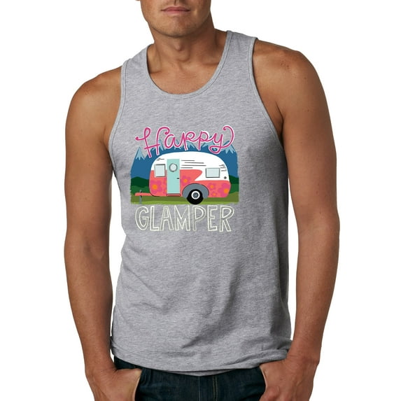 Happy Glamper | Fancy Camping Camper Van Caravan | Nature Lover Mens Sleeveless Top, Heather Grey, M