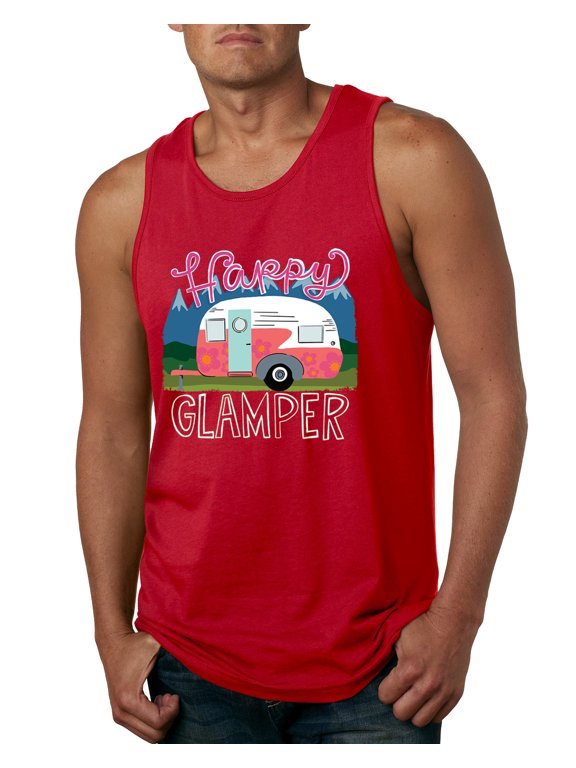 Happy Glamper | Fancy Camping Camper Van Caravan | Nature Lover Mens Sleeveless Top, Red, S
