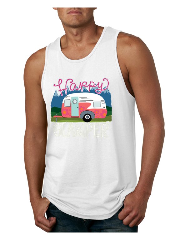 Happy Glamper | Fancy Camping Camper Van Caravan | Nature Lover Mens Sleeveless Top, White, S