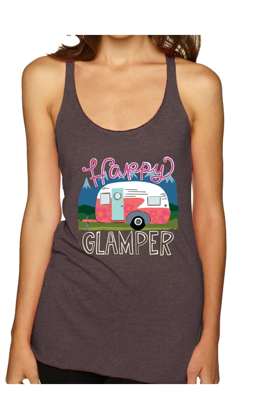 Happy Glamper | Fancy Camping Camper Van Caravan | Nature Lover Tri-Blend Racerback Sleeveless Top, Brown, XL