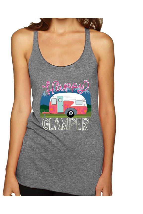 Happy Glamper | Fancy Camping Camper Van Caravan | Nature Lover Tri-Blend Racerback Sleeveless Top, Premium Heather, S