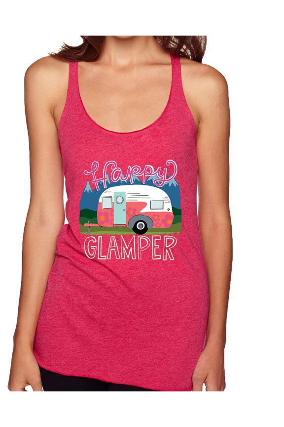Happy Glamper | Fancy Camping Camper Van Caravan | Nature Lover Tri-Blend Racerback Sleeveless Top, Shocking Pink, S