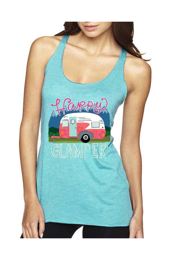 Happy Glamper | Fancy Camping Camper Van Caravan | Nature Lover Tri-Blend Racerback Sleeveless Top, Tahiti Blue, XL