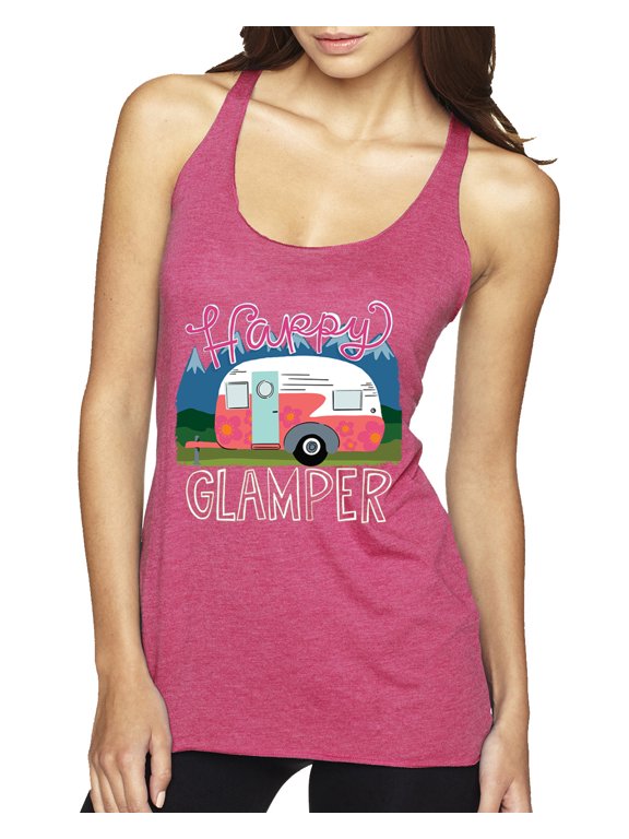Happy Glamper | Fancy Camping Camper Van Caravan | Nature Lover Tri-Blend Racerback Sleeveless Top, Vintage Pink, S