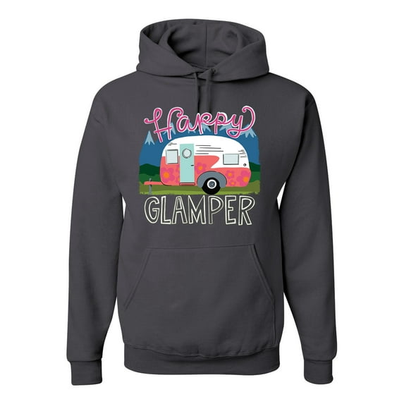 Happy Glamper | Fancy Camping Camper Van Caravan | Nature Lover Unisex Hoodie Sweatshirt, Charcoal, L