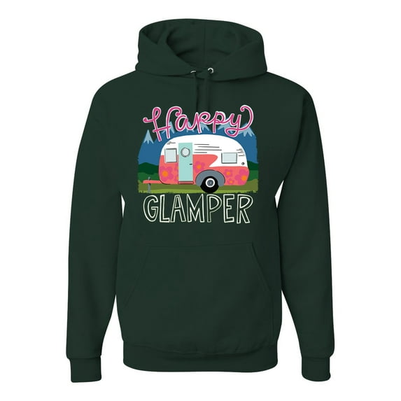 Happy Glamper | Fancy Camping Camper Van Caravan | Nature Lover Unisex Hoodie Sweatshirt, Forest Green, M