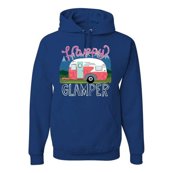 Happy Glamper | Fancy Camping Camper Van Caravan | Nature Lover Unisex Hoodie Sweatshirt, Royal, L