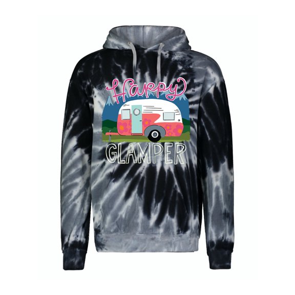Happy Glamper | Fancy Camping Camper Van Caravan | Nature Lover Unisex Hoodie Sweatshirt, Spiral Black, 2XL