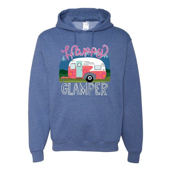 Happy Glamper | Fancy Camping Camper Van Caravan | Nature Lover Unisex Hoodie Sweatshirt, Vintage Heather Blue, L
