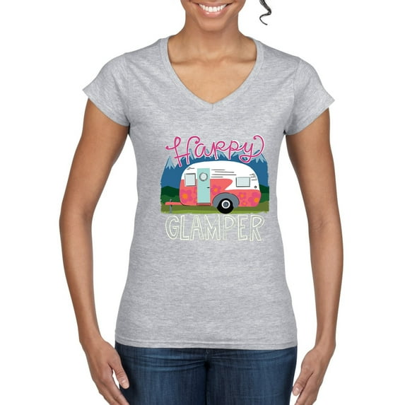Happy Glamper | Fancy Camping Camper Van Caravan | Nature Lover Women's Standard V-Neck Tee, Heather Grey, XL