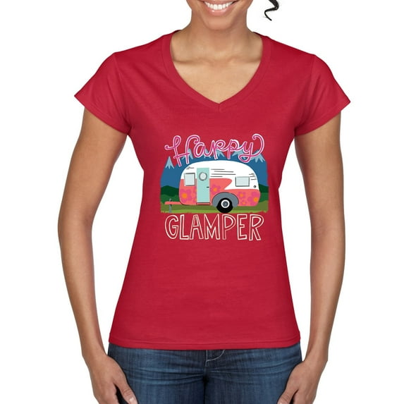 Happy Glamper | Fancy Camping Camper Van Caravan | Nature Lover Women's Standard V-Neck Tee, Red, S