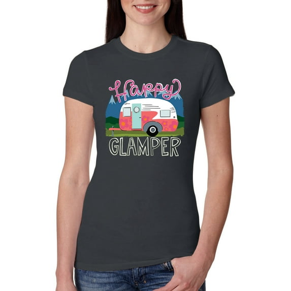 Happy Glamper | Fancy Camping Camper Van Caravan | Nature Lover Womens Slim Fit Junior Tee, Dark Grey, M