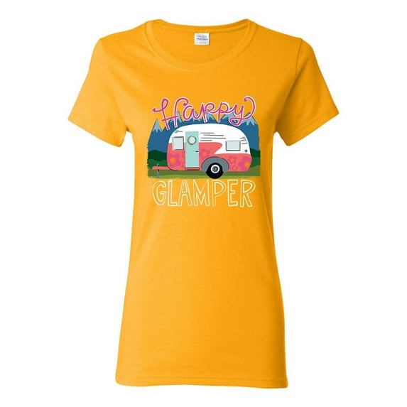 Happy Glamper | Fancy Camping Camper Van Caravan | Nature Lover Womens T-Shirt, Gold, 3XL