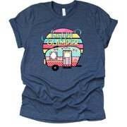 Happy Glamper Shirt, Camper Life Shirt, Camping RV Shirt, Women Summer Graphic Tees Tops Funny Unisex Short Sleeve Navy, Large