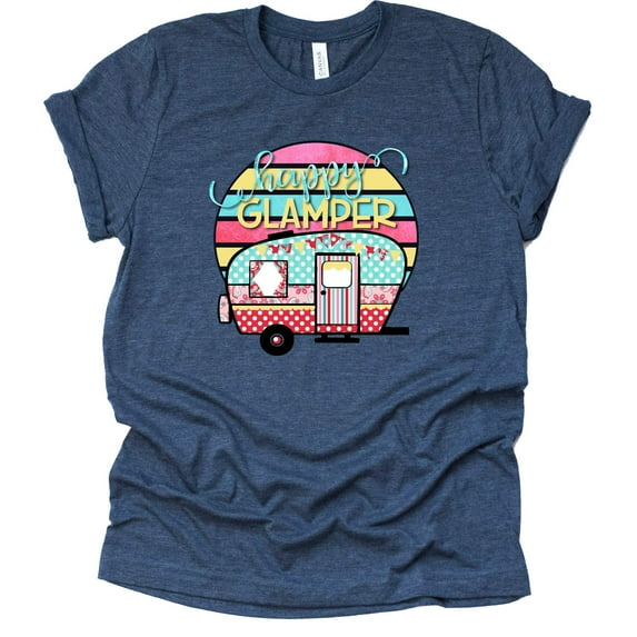 Happy Glamper Shirt, Camper Life Shirt, Camping RV Shirt, Women Summer Graphic Tees Tops Funny Unisex Short Sleeve (Navy, XX Large)