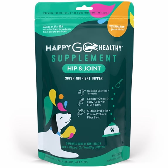 Happy Go Healthy Hip and Joint Supplement for Dogs, Standard 14 oz, 60 scoops