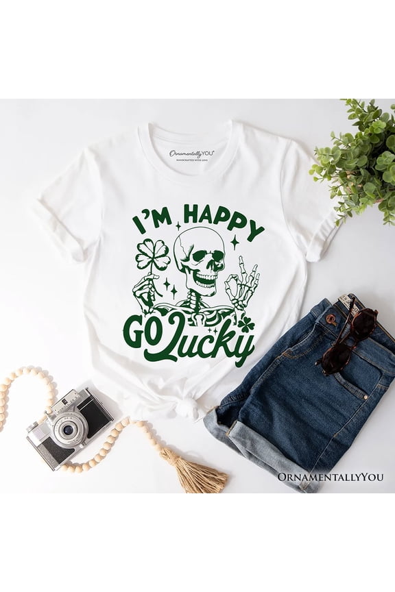 Happy Go Lucky Clover Skeleton St Patrick&rsquo;s Day T-Shirt, Green Shamrock Vintage Tee