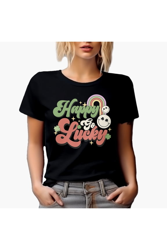 Happy Go Lucky, Retro St. Patrick's Day Gift, Black T-Shirt, Small