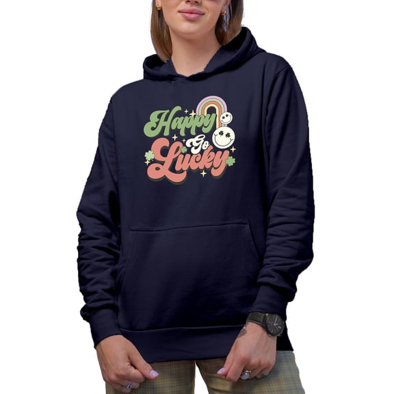 Happy Go Lucky, Retro St. Patrick's Day Gift, Navy Blue Hooded Sweatshirt or Hoodie, Medium