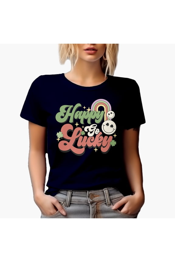 Happy Go Lucky, Retro St. Patrick's Day Gift, Navy Blue T-Shirt, 2XL