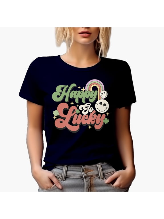 Happy Go Lucky, Retro St. Patrick's Day Gift, Navy Blue T-Shirt, Medium